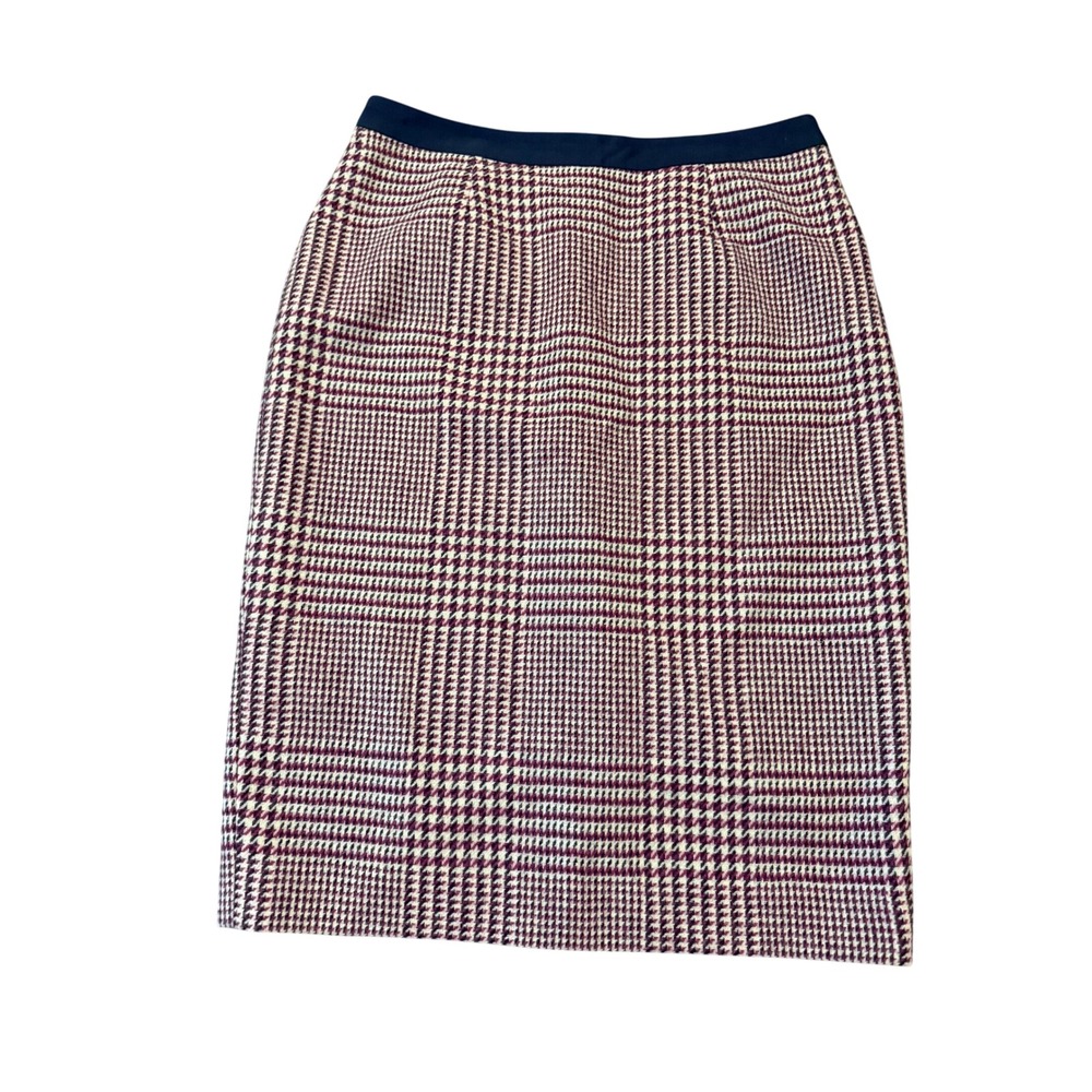 Boden British Tweed Pencil Houndstooth Skirt Burgundy Navy 100% Wool 10R